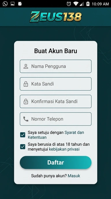Tampilan halaman daftar zeus138